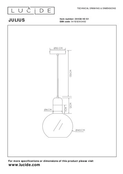 Lucide JULIUS - Pendant light - Ø 40 cm - 1xE27 - Opal - technical